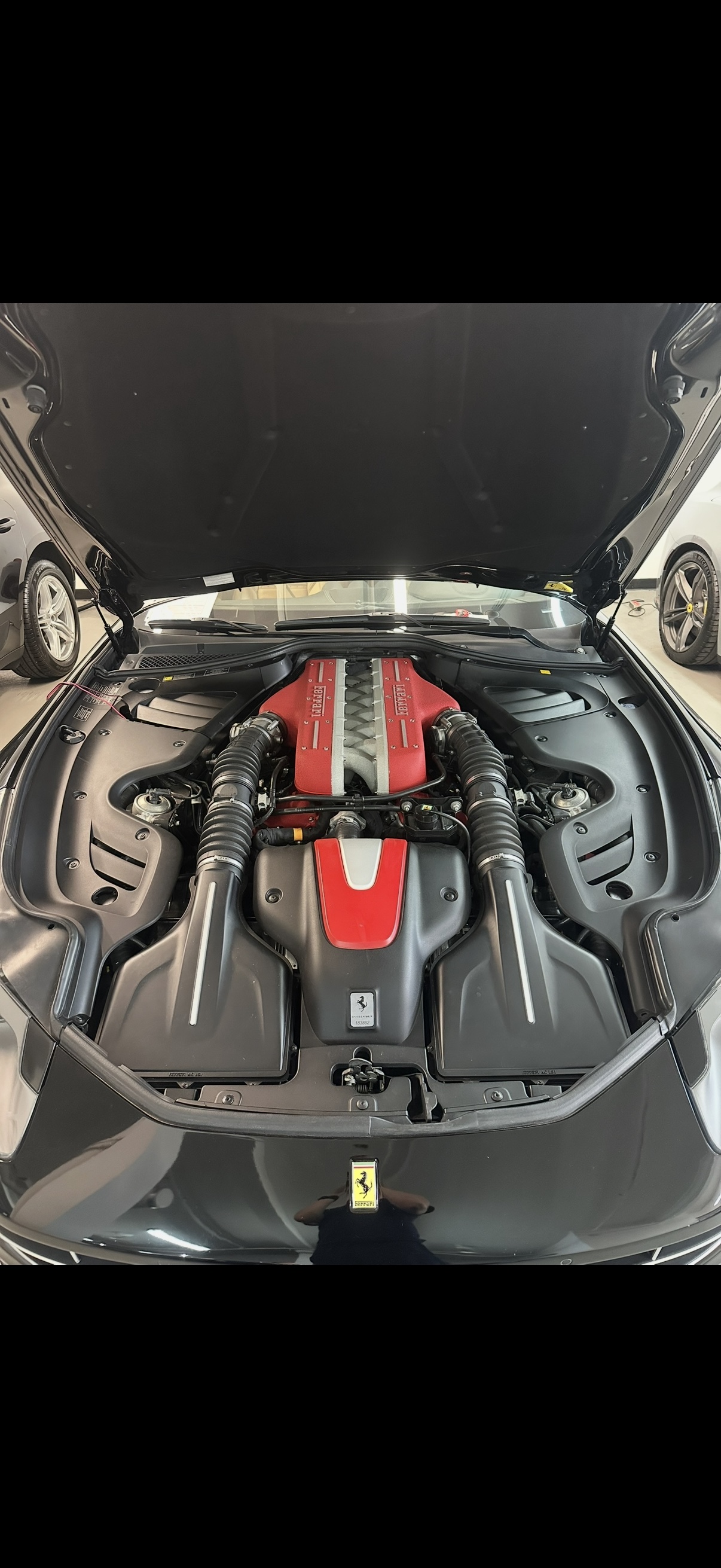 Ferrari engine bay with red engine covers
